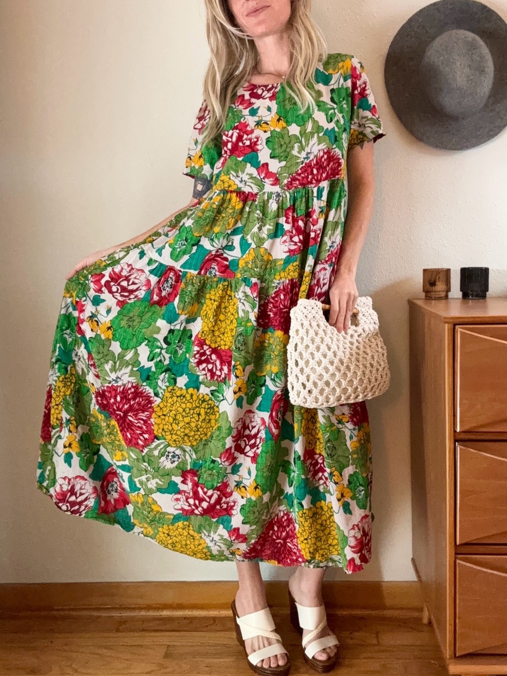 Floral Midi Swing Dress Med Oversized Boho Cottage Patio Pockets Tiered Cotton